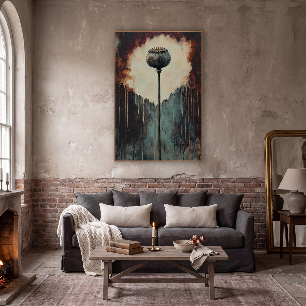 Dried Poppy Pod Dark Botanical wall art in a moody dark academia room – dried poppy seed pod on a tall stem before