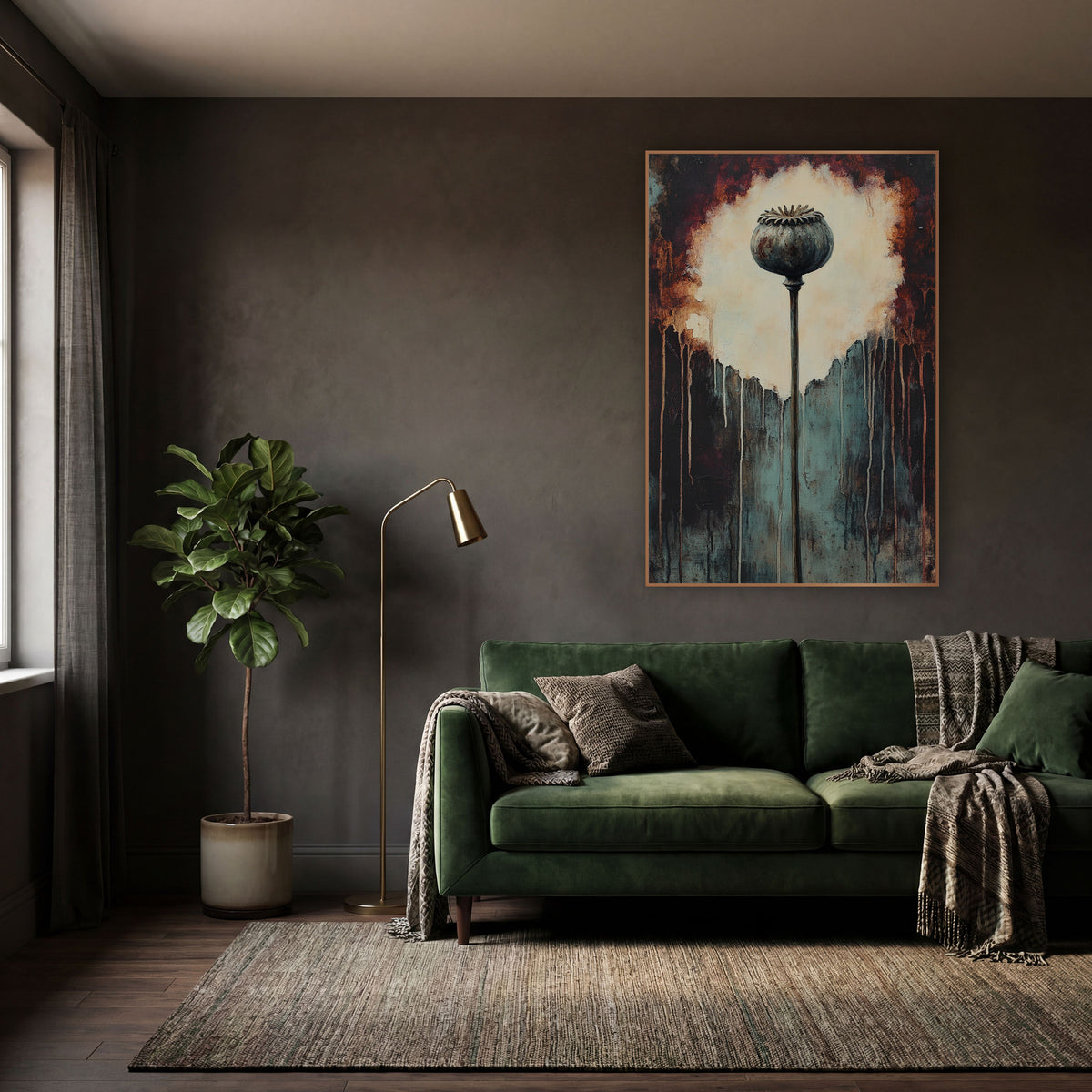 Dried Poppy Pod Dark Botanical wall art in a moody dark academia room – dried poppy seed pod on a tall stem before