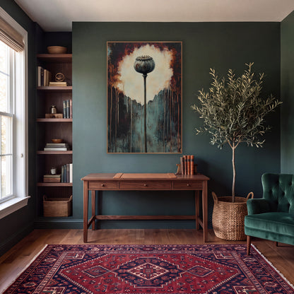 Dried Poppy Pod Dark Botanical wall art in a moody dark academia room – dried poppy seed pod on a tall stem before