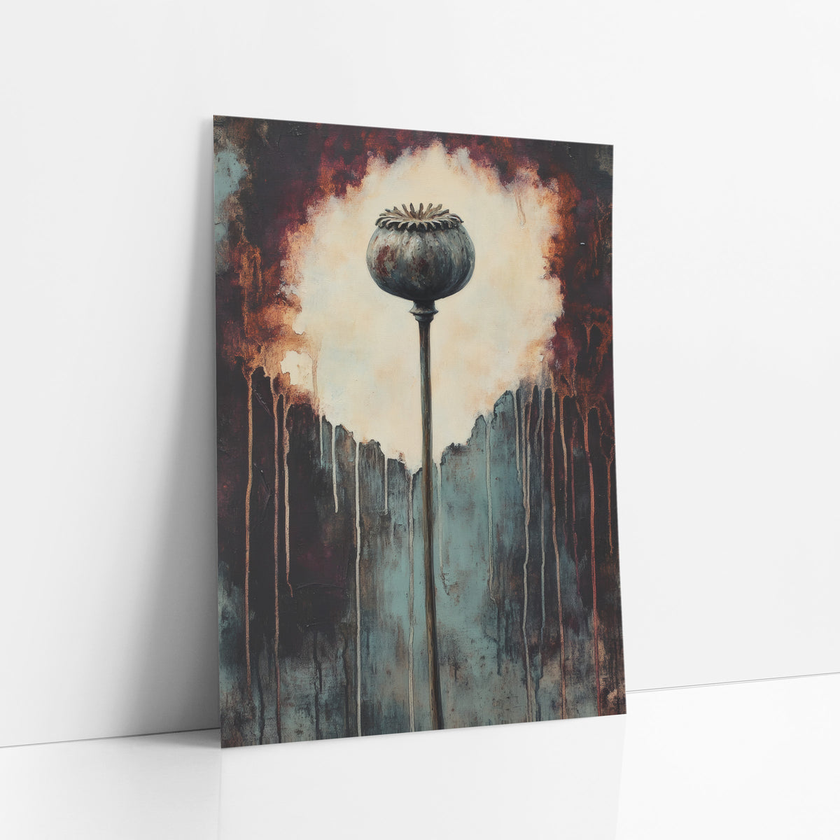Dried Poppy Pod Dark Botanical art print leaning against a white wall – dried poppy seed pod on a tall stem before a cream