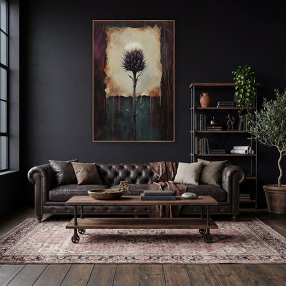 Plum Thistle Rust Dark Academia wall art in a moody dark academia room – purple thistle with white tuft on a cream