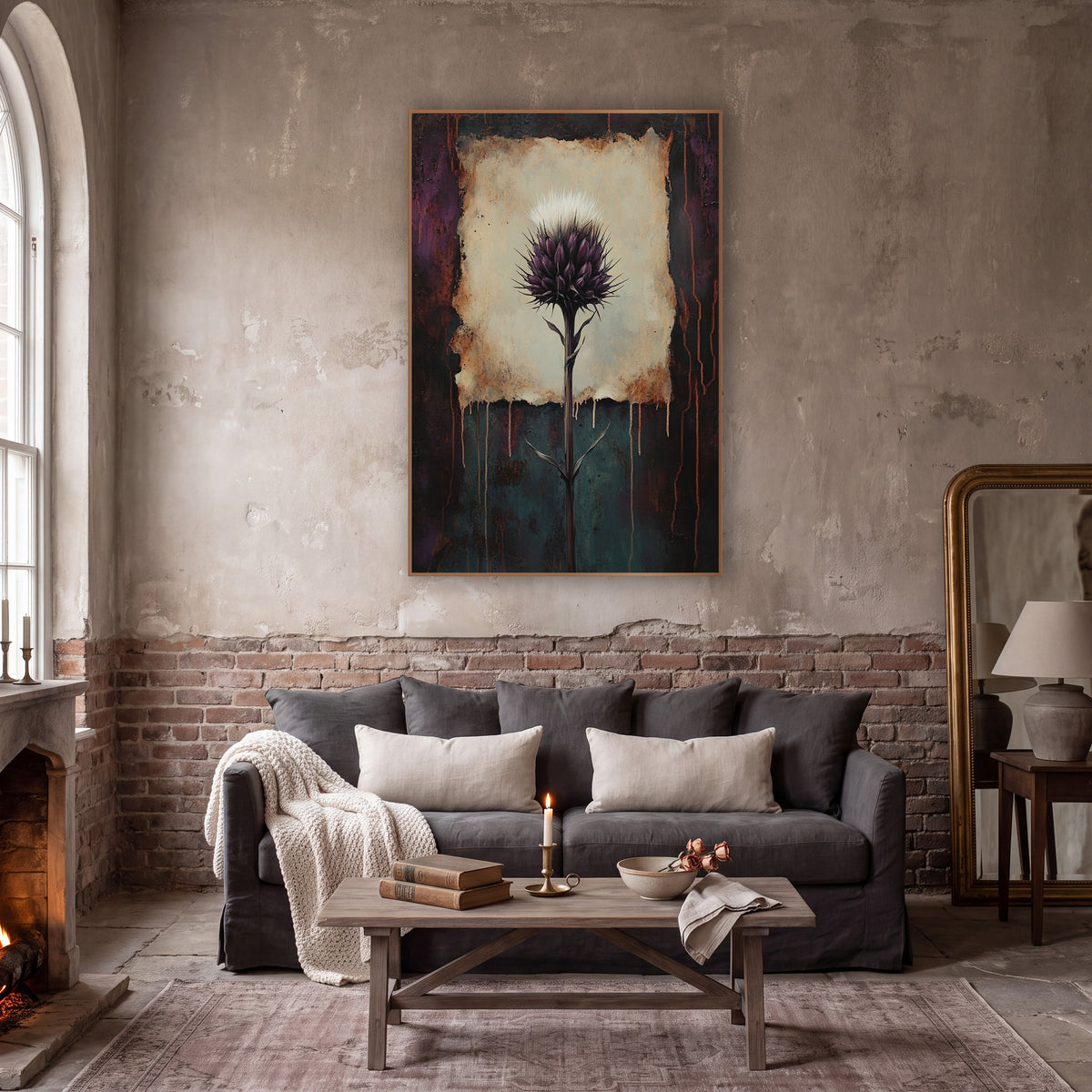Plum Thistle Rust Dark Academia wall art in a moody dark academia room – purple thistle with white tuft on a cream