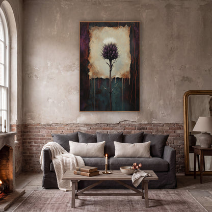 Plum Thistle Rust Dark Academia wall art in a moody dark academia room – purple thistle with white tuft on a cream
