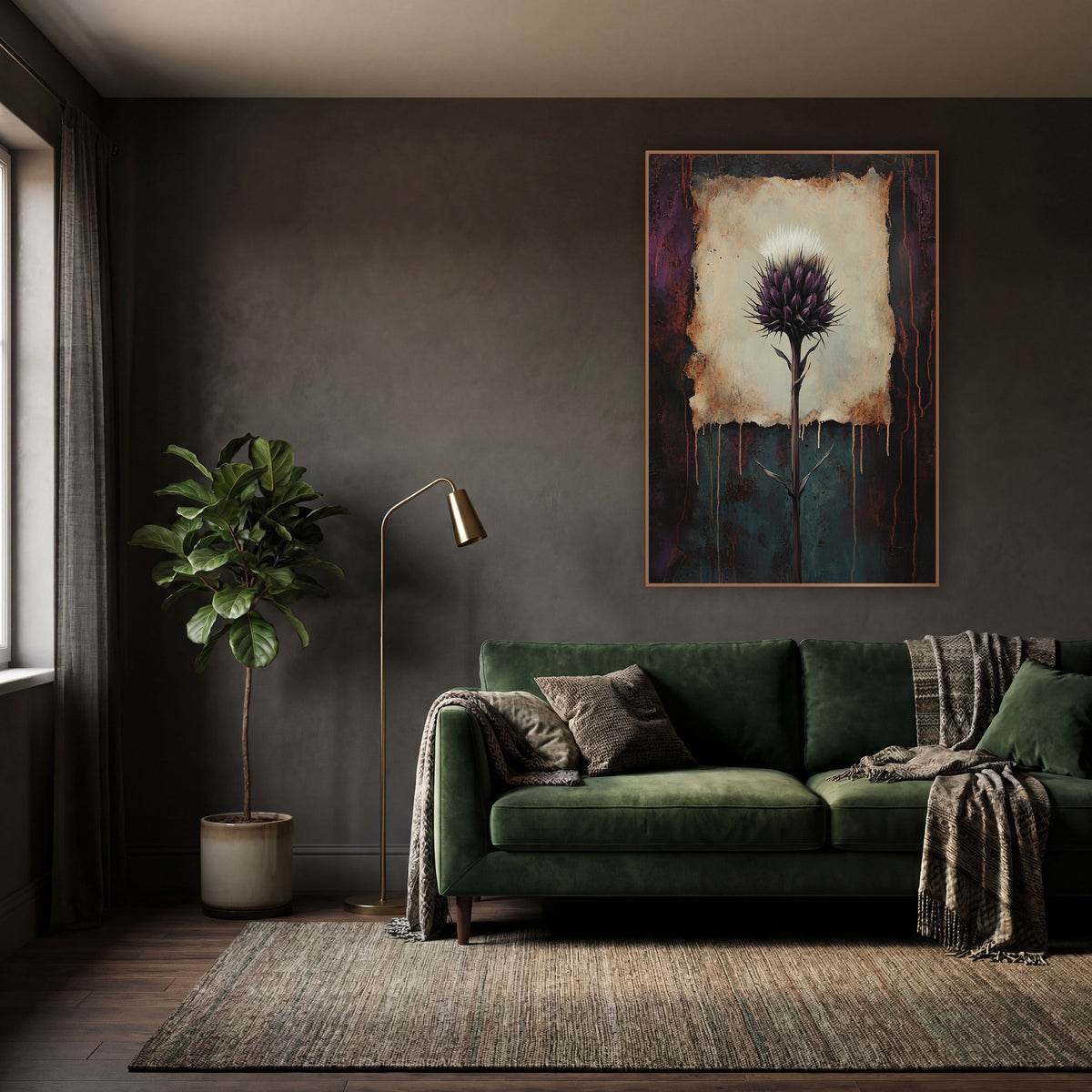 Plum Thistle Rust Dark Academia wall art in a moody dark academia room – purple thistle with white tuft on a cream
