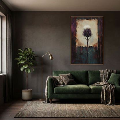 Plum Thistle Rust Dark Academia wall art in a moody dark academia room – purple thistle with white tuft on a cream
