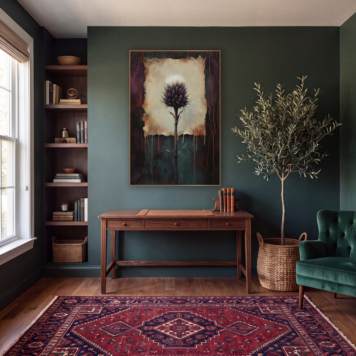 Plum Thistle Rust Dark Academia wall art in a moody dark academia room – purple thistle with white tuft on a cream