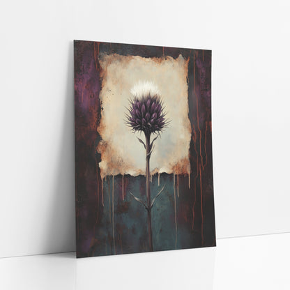Plum Thistle Rust Dark Academia art print leaning against a white wall – purple thistle with white tuft on a cream panel