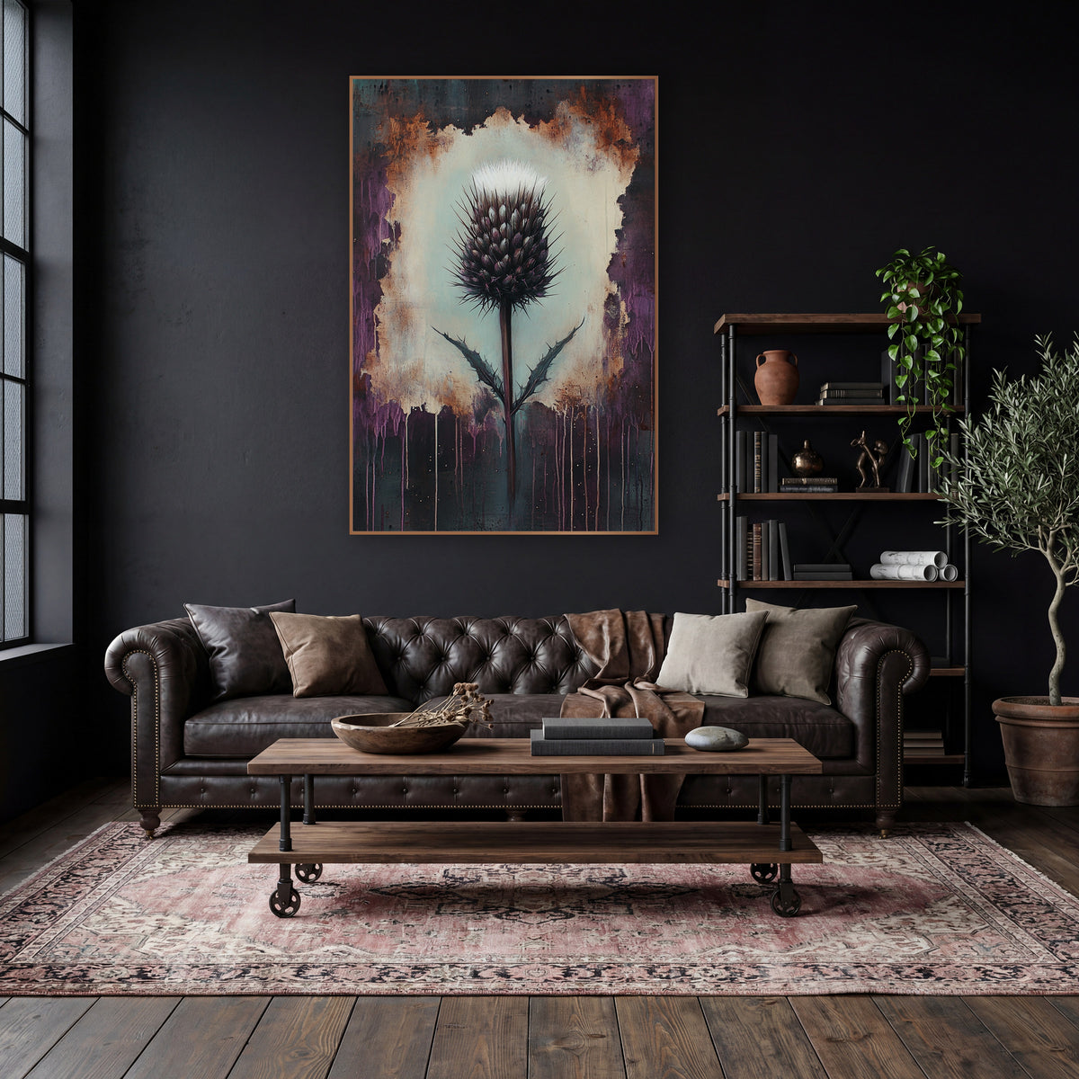 Dark Thistle Moody Botanical wall art in a moody dark academia room – single purple thistle with white tuft on a pale