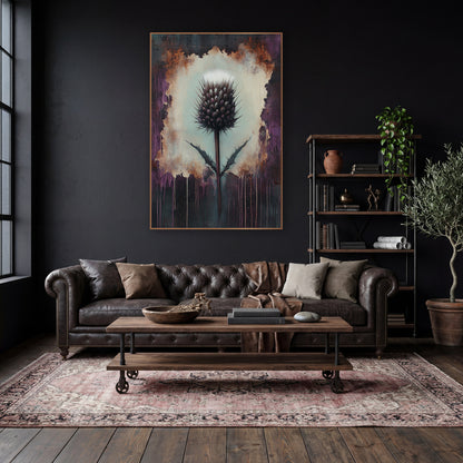 Dark Thistle Moody Botanical wall art in a moody dark academia room – single purple thistle with white tuft on a pale