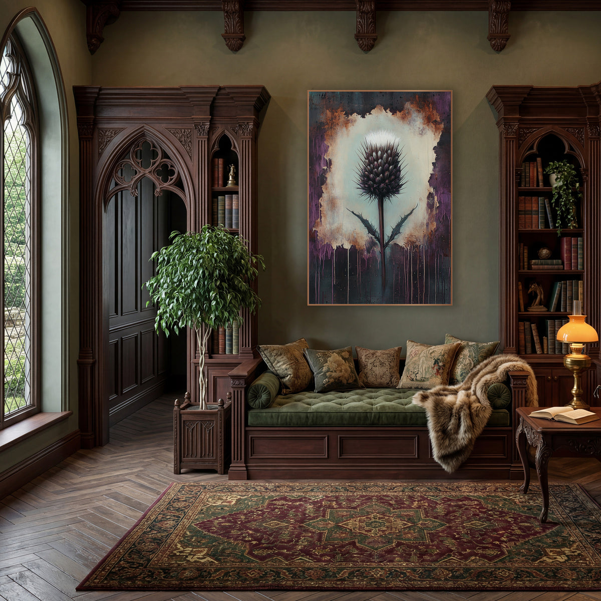 Dark Thistle Moody Botanical wall art in a moody dark academia room – single purple thistle with white tuft on a pale