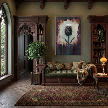 Dark Thistle Moody Botanical wall art in a moody dark academia room – single purple thistle with white tuft on a pale