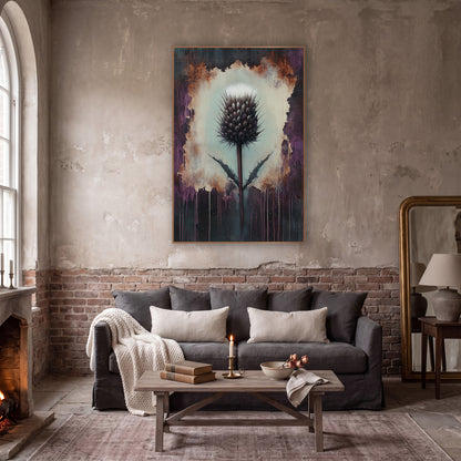 Dark Thistle Moody Botanical wall art in a moody dark academia room – single purple thistle with white tuft on a pale