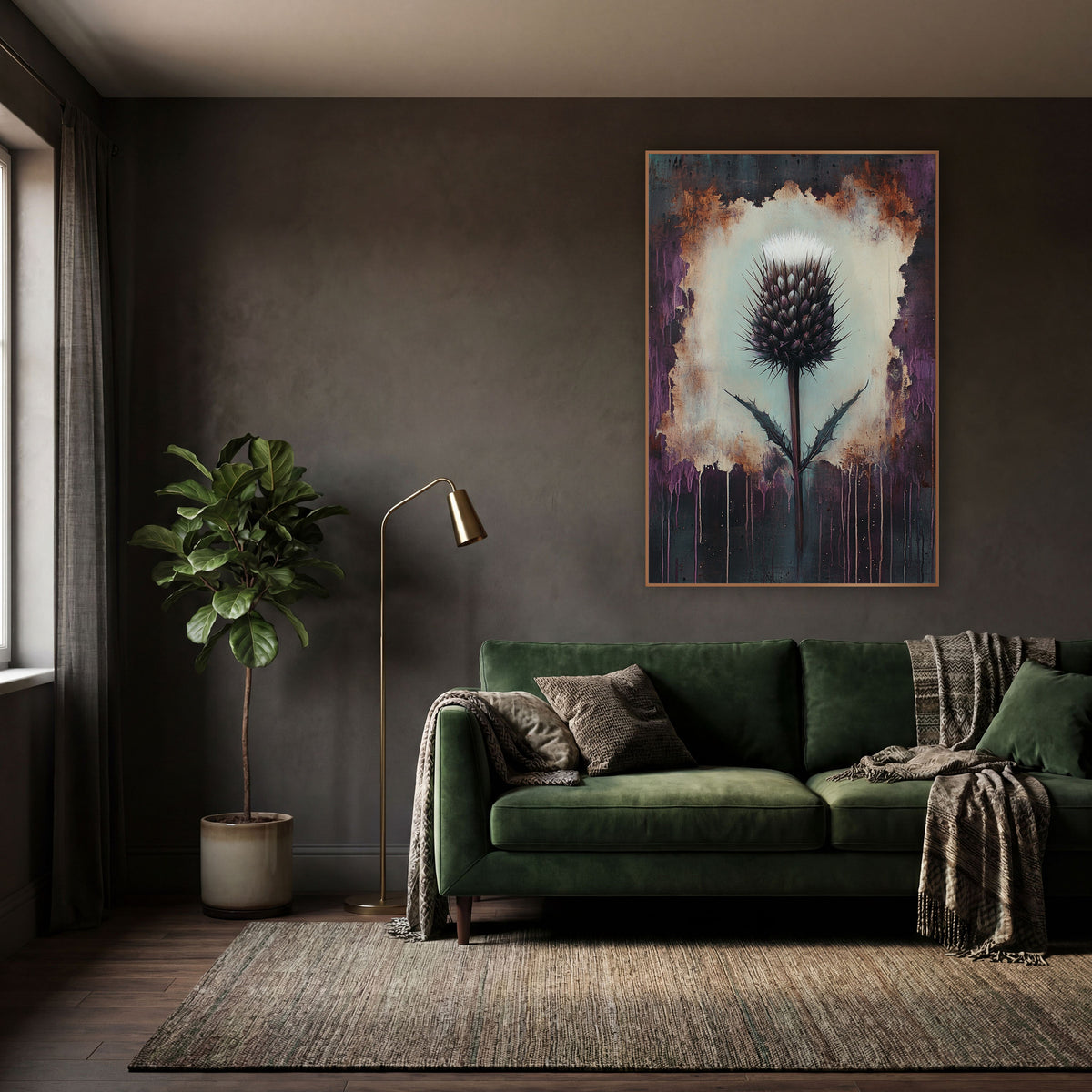 Dark Thistle Moody Botanical wall art in a moody dark academia room – single purple thistle with white tuft on a pale