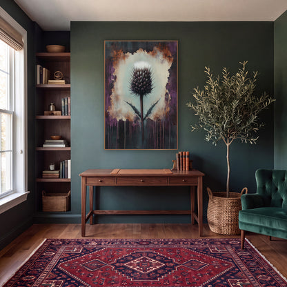Dark Thistle Moody Botanical wall art in a moody dark academia room – single purple thistle with white tuft on a pale