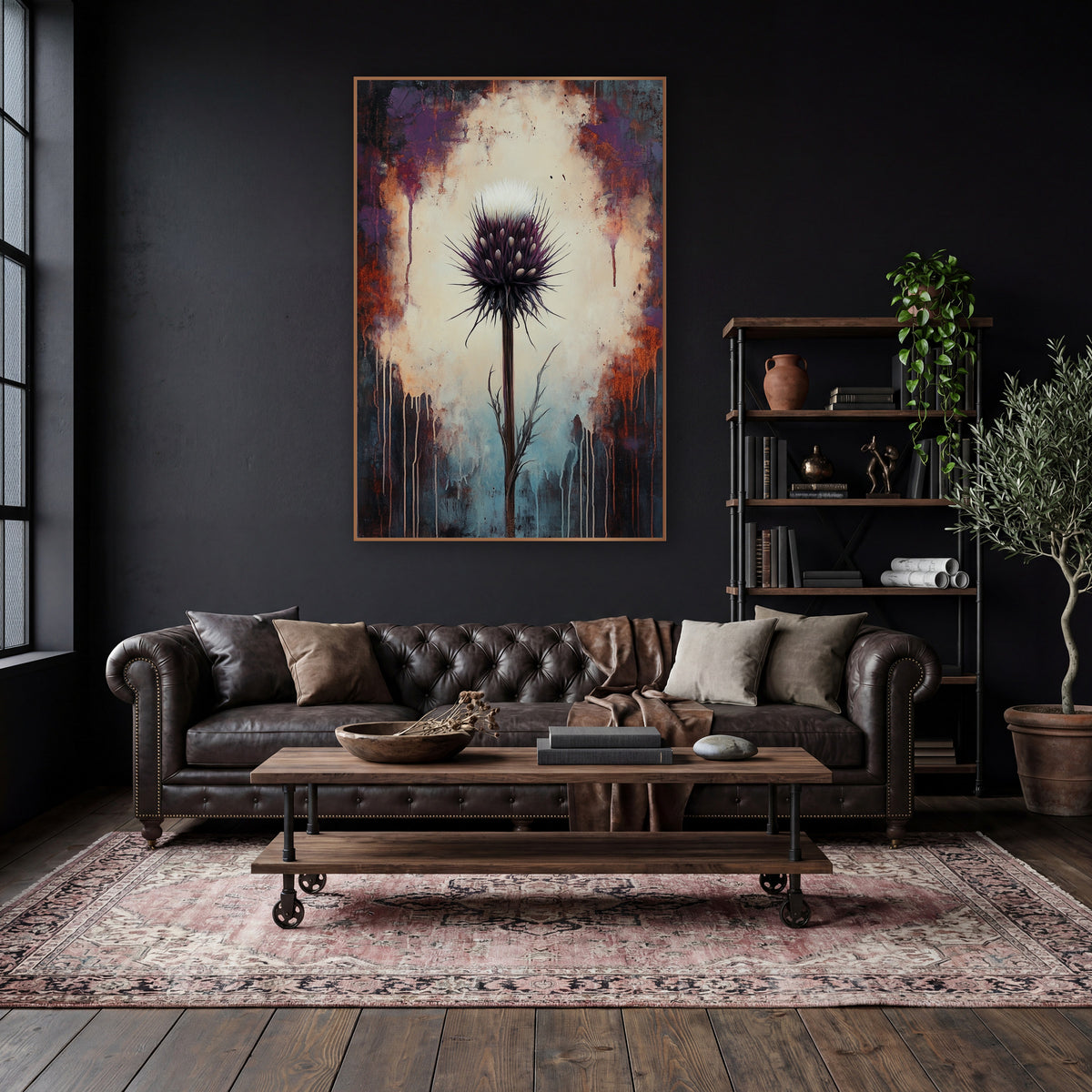 Dark Plum Thistle Moody Botanical wall art in a moody dark academia room – purple thistle with white tuft on tall