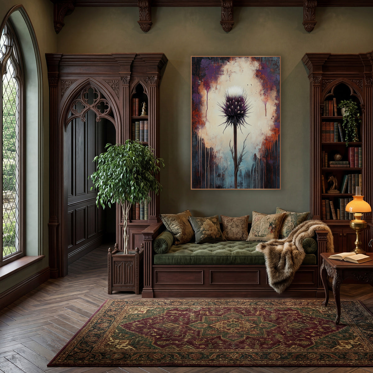 Dark Plum Thistle Moody Botanical wall art in a moody dark academia room – purple thistle with white tuft on tall