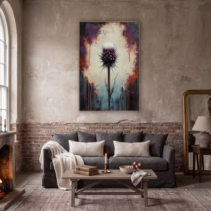 Dark Plum Thistle Moody Botanical wall art in a moody dark academia room – purple thistle with white tuft on tall