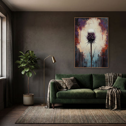Dark Plum Thistle Moody Botanical wall art in a moody dark academia room – purple thistle with white tuft on tall