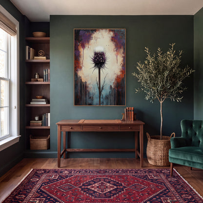 Dark Plum Thistle Moody Botanical wall art in a moody dark academia room – purple thistle with white tuft on tall