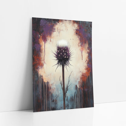 Dark Plum Thistle Moody Botanical art print leaning against a white wall – purple thistle with white tuft on tall stem, cream
