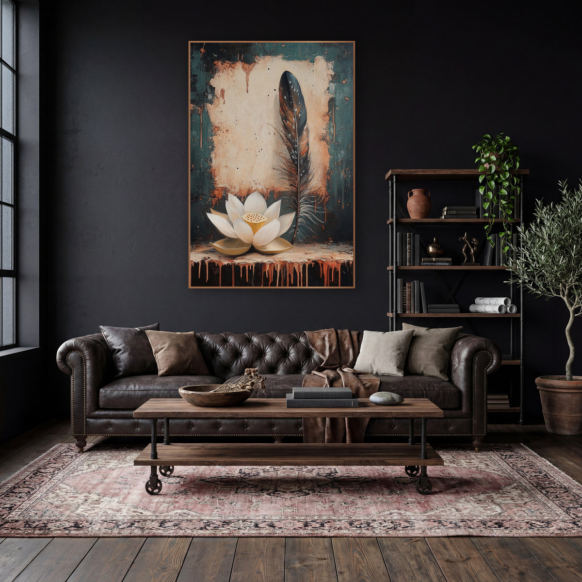Cream Lotus Rust Drip Moody wall art in a moody dark academia room – cream lotus flower beside a tall speckled feather