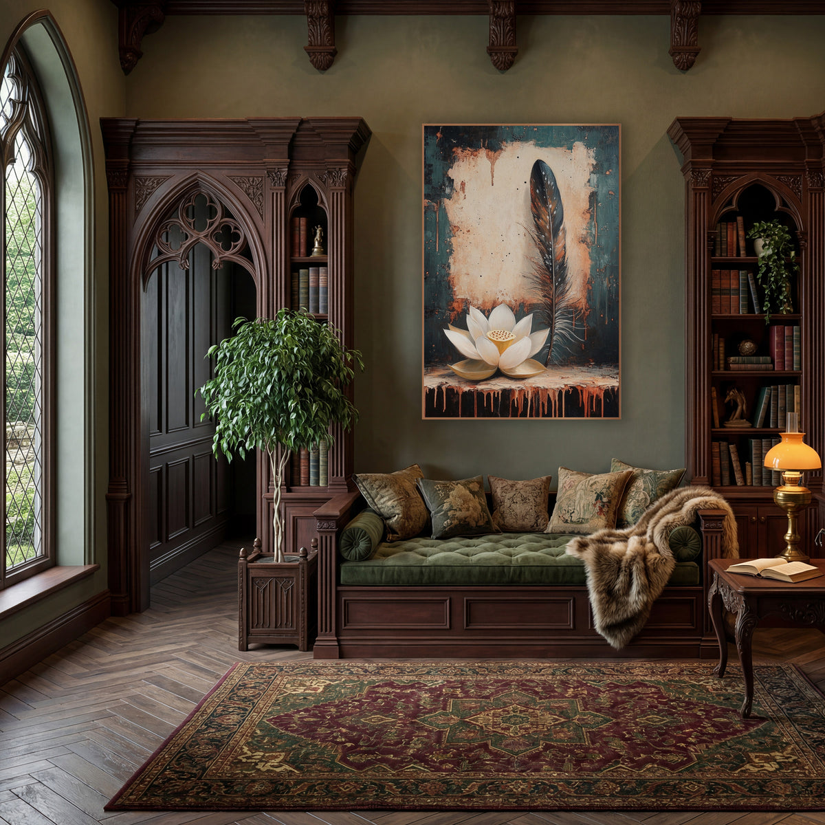 Cream Lotus Rust Drip Moody wall art in a moody dark academia room – cream lotus flower beside a tall speckled feather