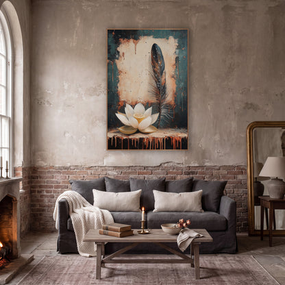 Cream Lotus Rust Drip Moody wall art in a moody dark academia room – cream lotus flower beside a tall speckled feather