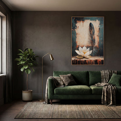 Cream Lotus Rust Drip Moody wall art in a moody dark academia room – cream lotus flower beside a tall speckled feather