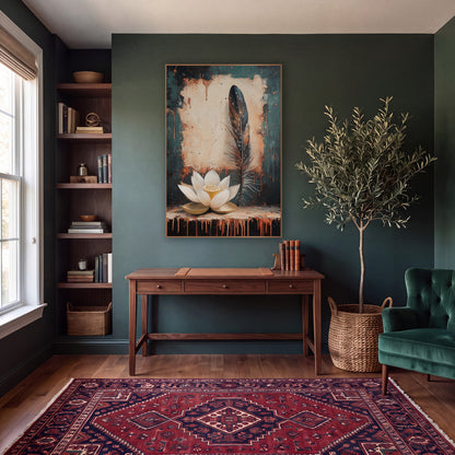 Cream Lotus Rust Drip Moody wall art in a moody dark academia room – cream lotus flower beside a tall speckled feather