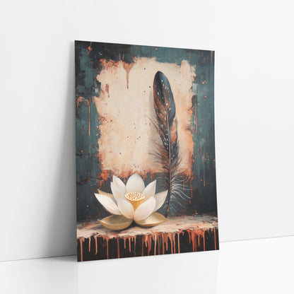 Cream Lotus Rust Drip Moody art print leaning against a white wall – cream lotus flower beside a tall speckled feather