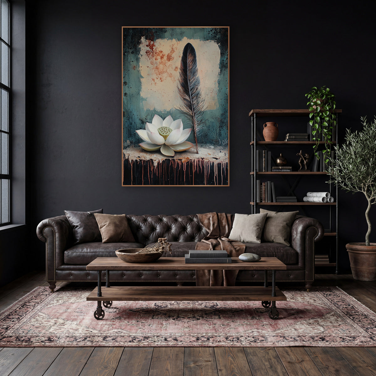 White Lotus Teal Splatter Classic wall art in a moody dark academia room – white lotus flower and tall dark feather