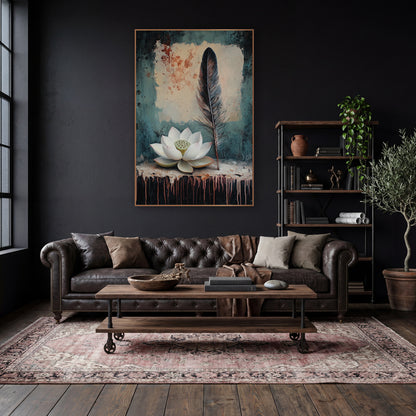 White Lotus Teal Splatter Classic wall art in a moody dark academia room – white lotus flower and tall dark feather