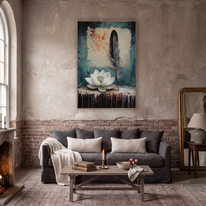 White Lotus Teal Splatter Classic wall art in a moody dark academia room – white lotus flower and tall dark feather