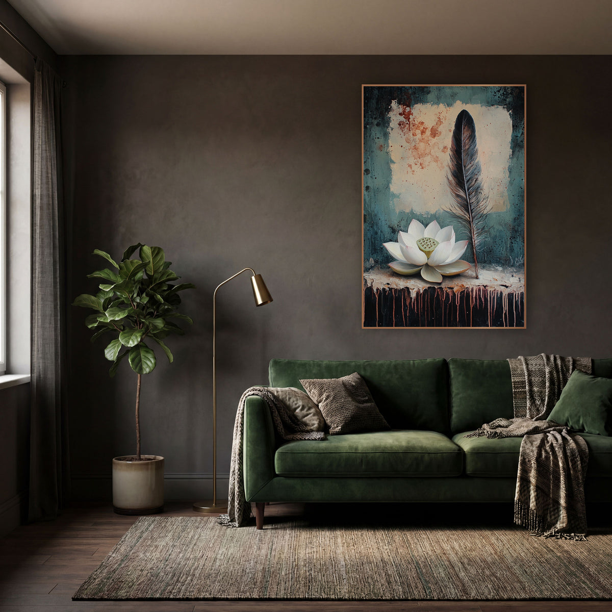 White Lotus Teal Splatter Classic wall art in a moody dark academia room – white lotus flower and tall dark feather