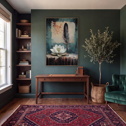 White Lotus Teal Splatter Classic wall art in a moody dark academia room – white lotus flower and tall dark feather