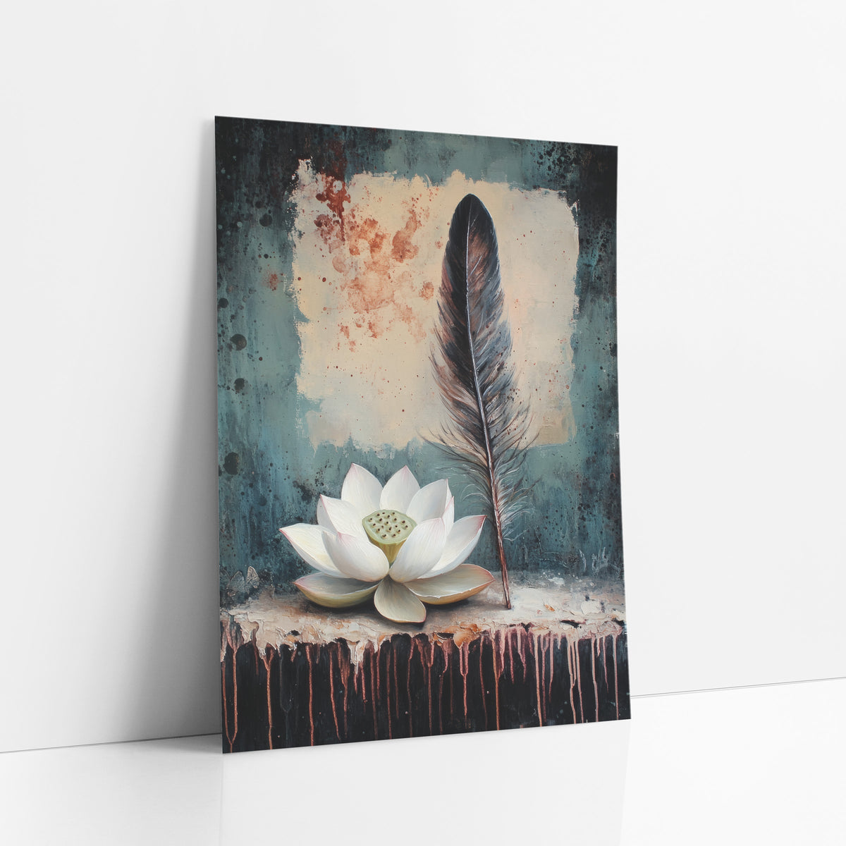 White Lotus Teal Splatter Classic art print leaning against a white wall – white lotus flower and tall dark feather on a pale