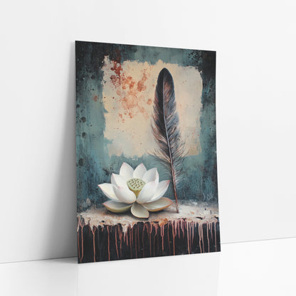White Lotus Teal Splatter Classic art print leaning against a white wall – white lotus flower and tall dark feather on a pale