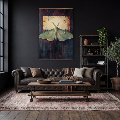 Luna Moth Rusted Parchment Moody wall art in a moody dark academia room – pale green moth with eye spots and feathery