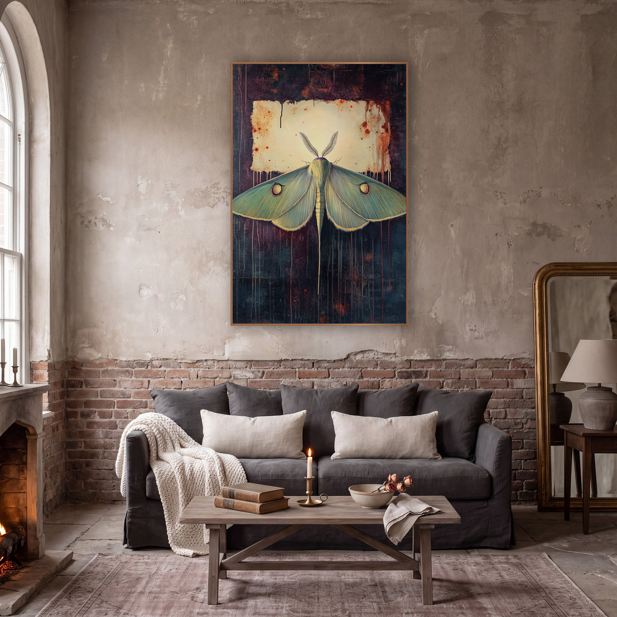 Luna Moth Rusted Parchment Moody wall art in a moody dark academia room – pale green moth with eye spots and feathery