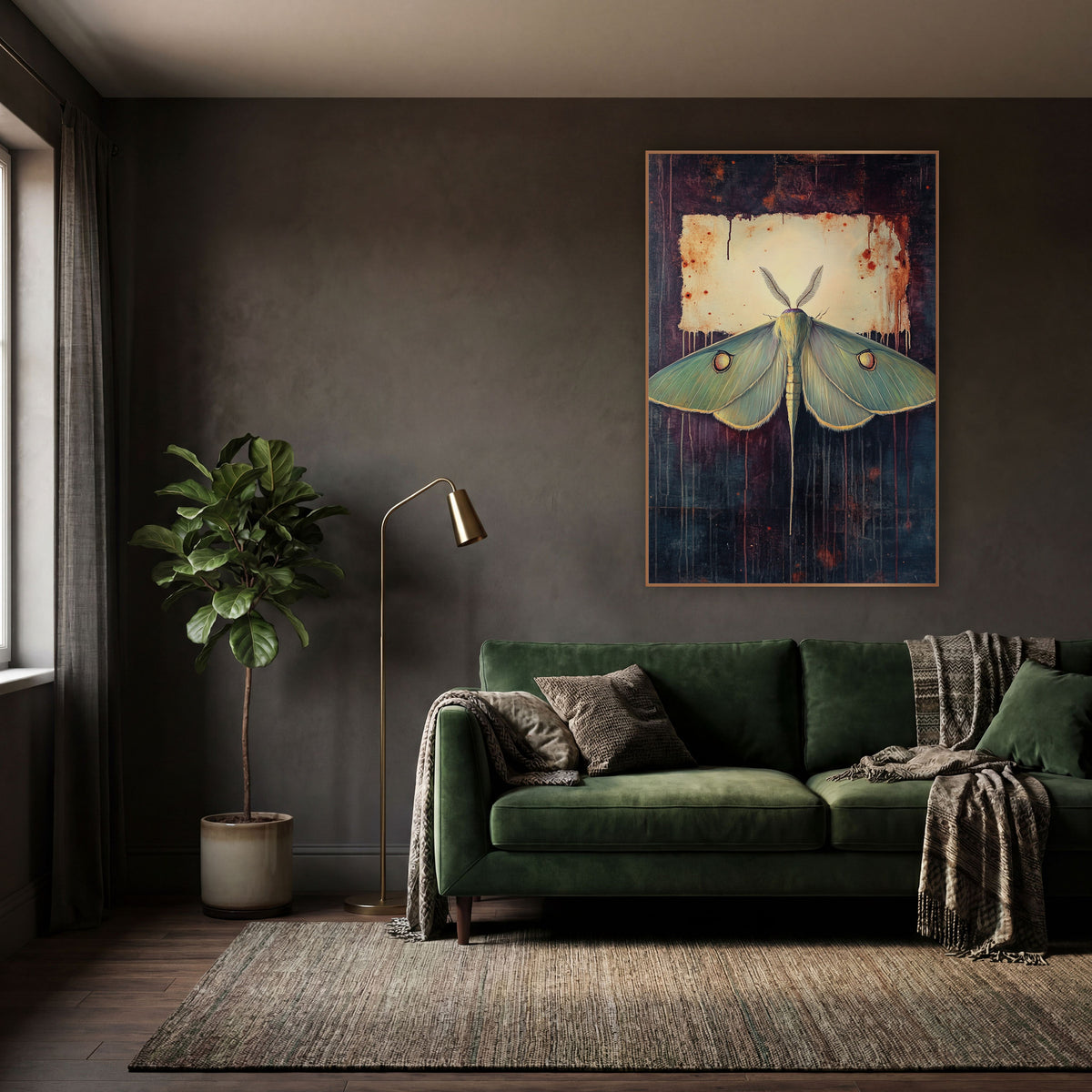 Luna Moth Rusted Parchment Moody wall art in a moody dark academia room – pale green moth with eye spots and feathery