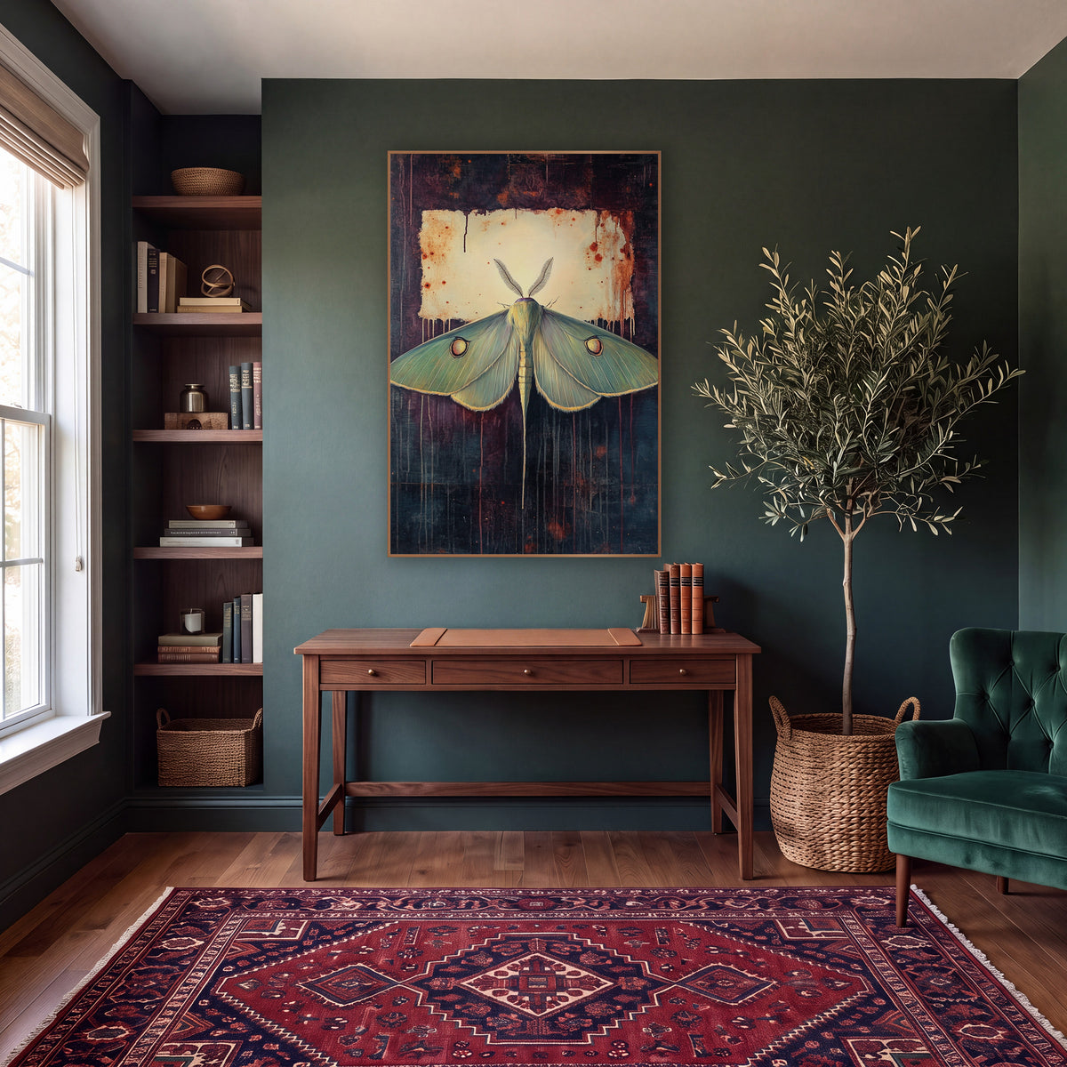 Luna Moth Rusted Parchment Moody wall art in a moody dark academia room – pale green moth with eye spots and feathery