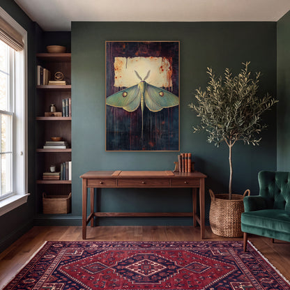 Luna Moth Rusted Parchment Moody wall art in a moody dark academia room – pale green moth with eye spots and feathery