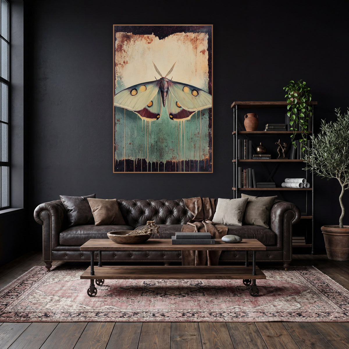 Spotted Moth Teal Drips Vintage wall art in a moody dark academia room – large pale green moth with golden eyespots