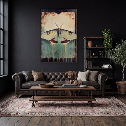 Spotted Moth Teal Drips Vintage wall art in a moody dark academia room – large pale green moth with golden eyespots
