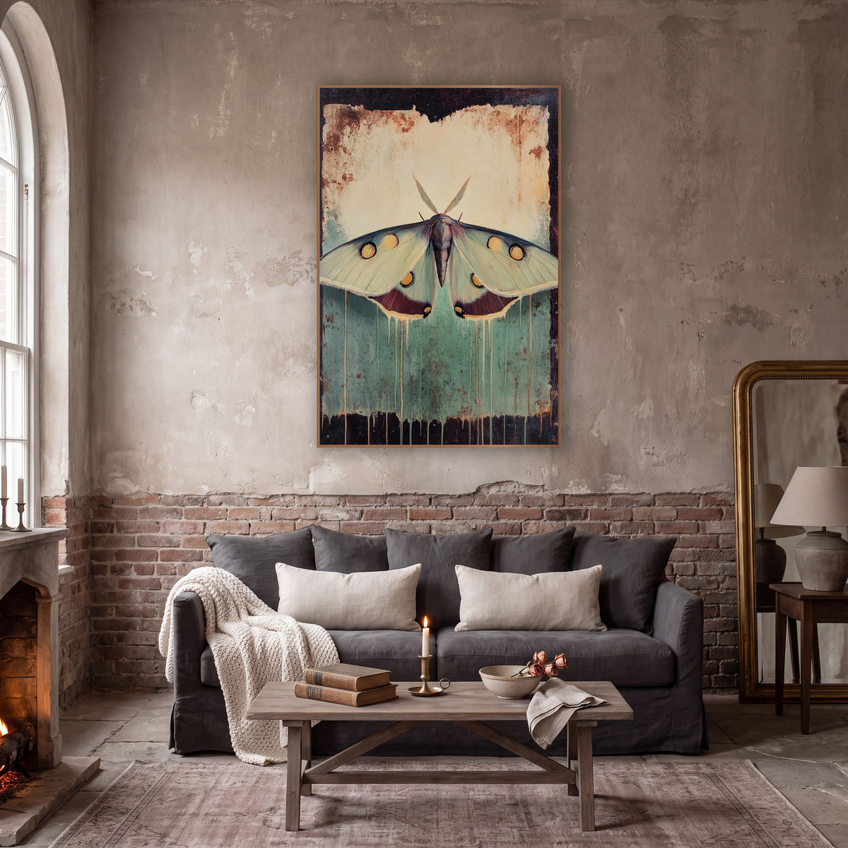 Spotted Moth Teal Drips Vintage wall art in a moody dark academia room – large pale green moth with golden eyespots