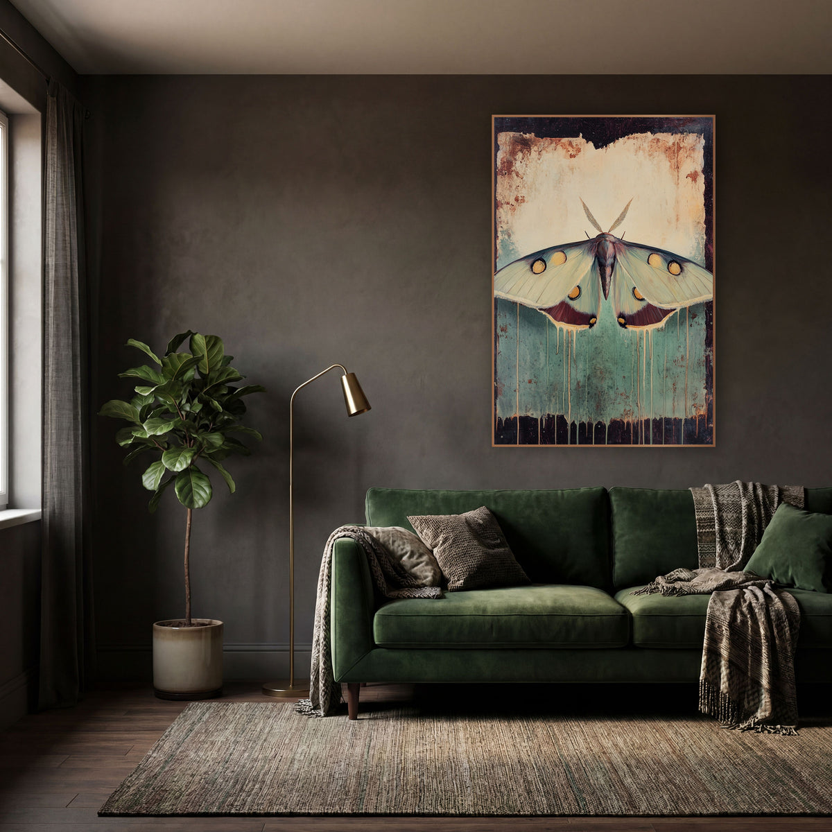 Spotted Moth Teal Drips Vintage wall art in a moody dark academia room – large pale green moth with golden eyespots