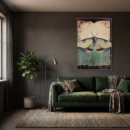 Spotted Moth Teal Drips Vintage wall art in a moody dark academia room – large pale green moth with golden eyespots