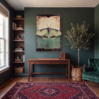 Spotted Moth Teal Drips Vintage wall art in a moody dark academia room – large pale green moth with golden eyespots
