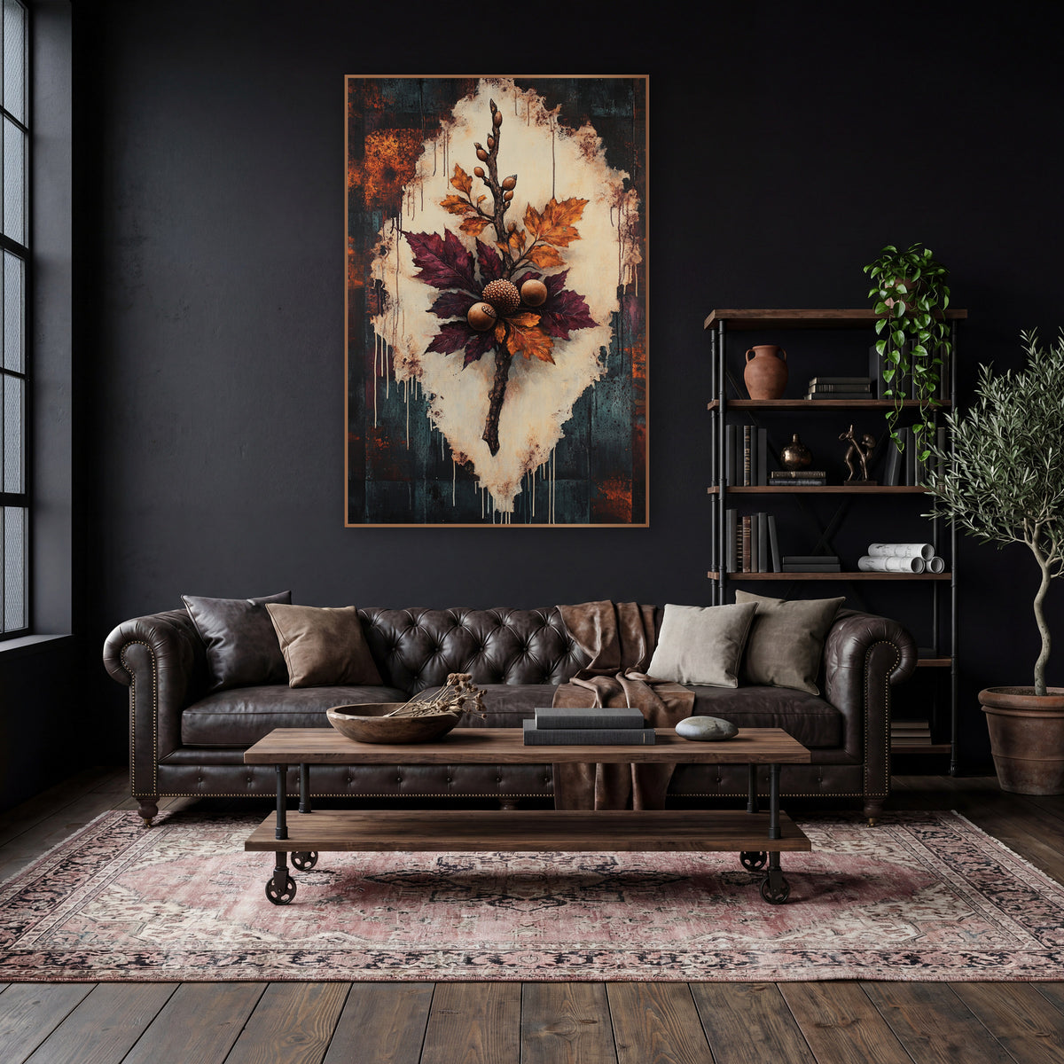 Burgundy Oak Branch Botanical wall art in a moody dark academia room – oak branch with burgundy and amber leaves