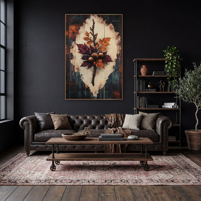 Burgundy Oak Branch Botanical wall art in a moody dark academia room – oak branch with burgundy and amber leaves